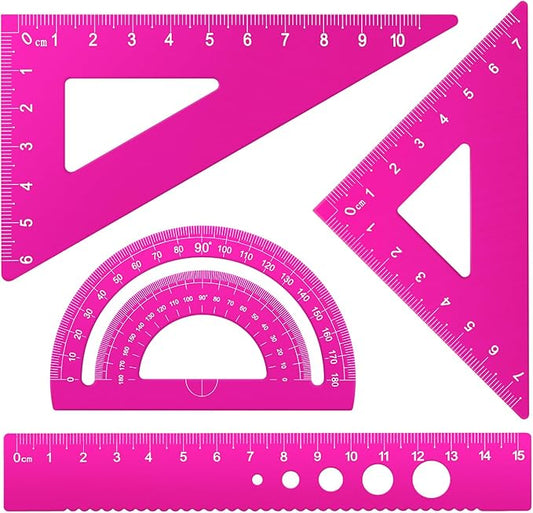 Honagu Triangular Ruler Set, 4 Pieces Aluminum Alloy Ruler, Metal Drafting Ruler, Geometric Protractor for Students, Draftsmen, Engineers, School Office Supplies (Pink)