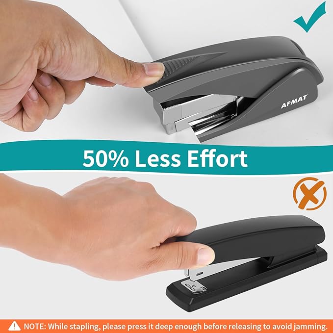 AFMAT ES10 Effortless Stapler for Desk, 50 Sheet Desktop Stapler, Ergonomic Office Staplers, One Finger Touch Stapling, Built-in Staple Remover, Portable & Space Save Size, Good for Home & Office