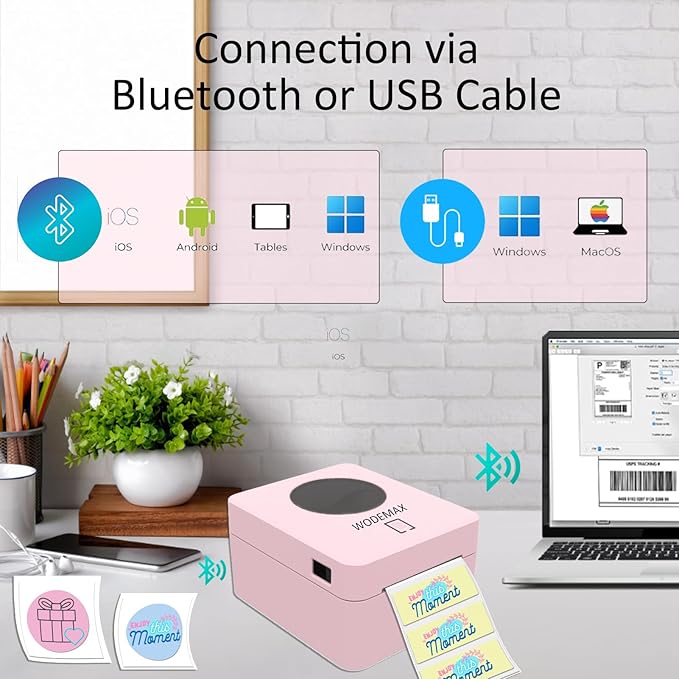 Thermal Shipping Label Printer 4x6 Label Print,Bluetooth Thermal Label Printer,Circle Sticker Printer,Sticker Printer for Small Business,Widely Used for Amazon, Ebay (Pink)