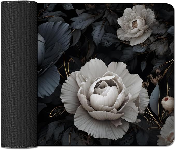 Black and White Mouse Pad,Floral Mouse Pad Desk Mat,Large Mousepad Aesthetic Mouse Pads Desk pad - Non-Slip Stitched Edges & Rubber Base for Office, Gaming Room, Computer, Laptop