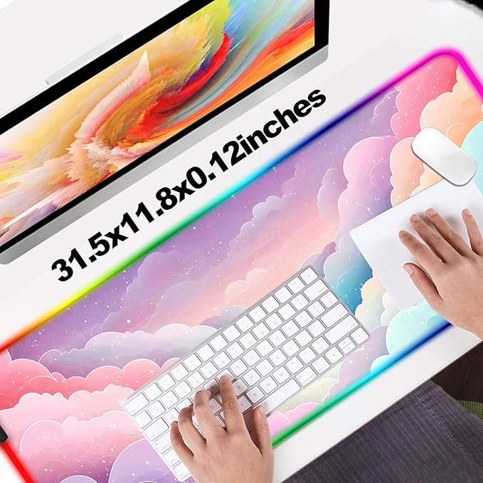 RGB Dreamy Colorful Cloud and Star Gaming Desk Mat, Computer Keyboard Large Extended Long Girly LED Mouse Pad for Office and Home, XL (W08)