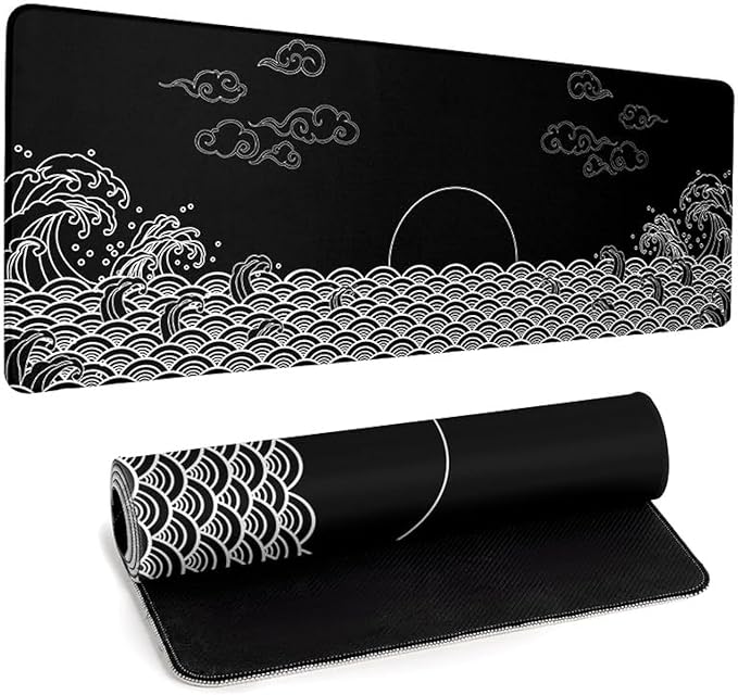 Japanese Sea Wave Gaming Mouse Pad Black Large Anime Mousepad Extended Mouse Mat 31.5''x11.8'' 3mm Thick Non-Slip Rubber Base Big Desk Pad for Office