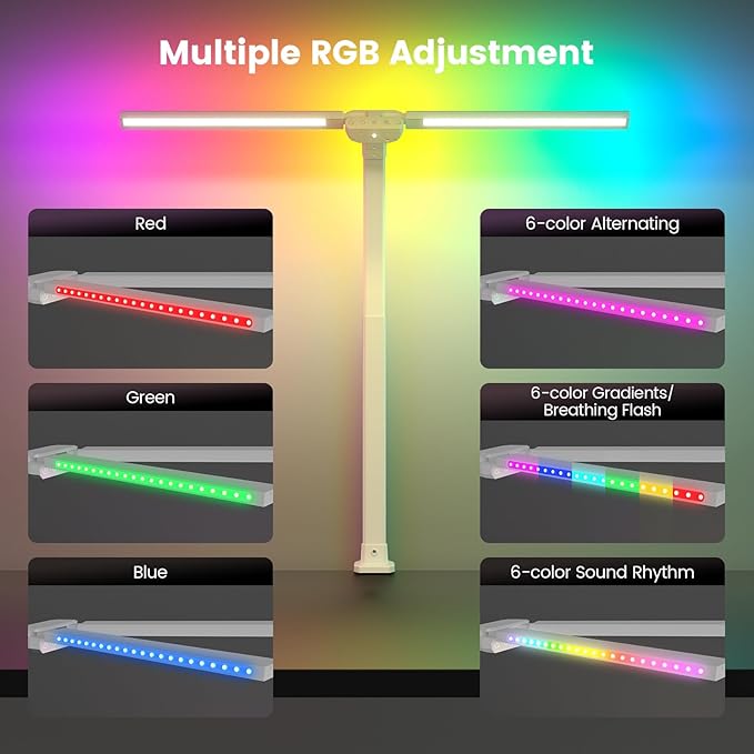 Upgraded LED Desk Lamp for Home Office with RGB, Rotatable Computer Desk Light with Remote, Eye Caring Table Lamp with Clamp, Dimmable Dual Head Desk Lighting for Desktop, 22W, White