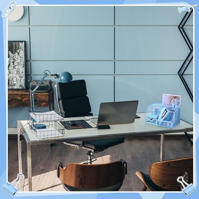 11 in 1 Blue Desk Organizer and Accessories, Blue Desk Accessories Light Blue Office Supplies Include Blue Stapler Blue Tape Dispenser Pen Holder Staple Remover Clips Ruler Scissors Tapes Tabs