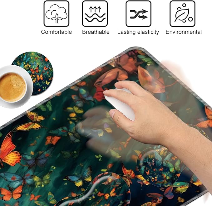 Keyboard Mouse Pad Set,Large Mouse Pad+Keyboard Wrist Rest+Wrist Support+Coaster,31.5x11.8in Extended Desk Mat for Computer Laptop Office Home - Cute Butterfly