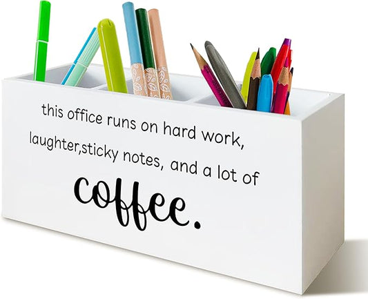 Funny Office Gifts Pen Holder for Desk, Work Humor Gifts for Coworkers Coffee Lovers, This Office Runs on Hard Work Wooden Pen Pencil Holder Organizer for Desk Accessories