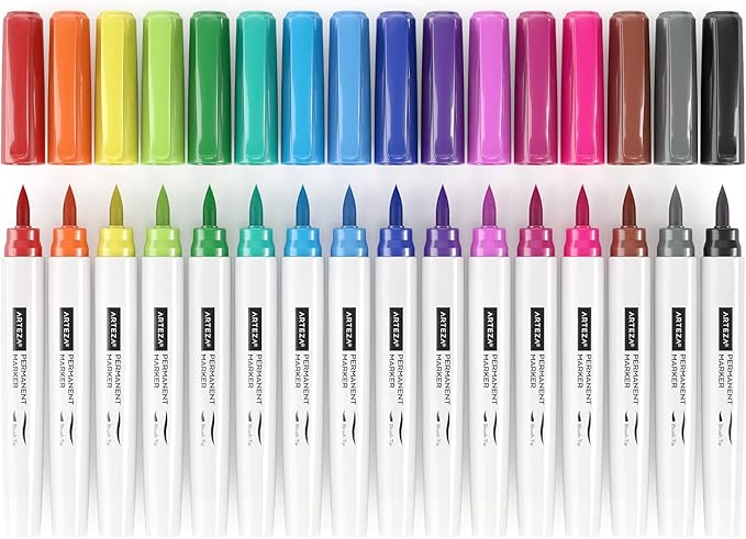 ARTEZA Colored Permanent Markers, Set of 16, Brush Tip Pens