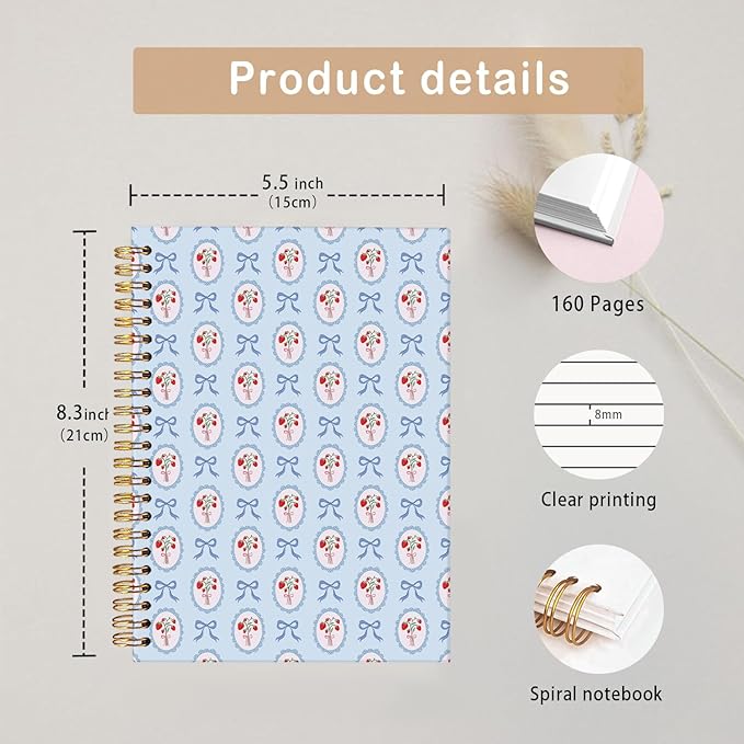 MOFUYU Blue Bow Spiral Journals for Women,Cute Notebooks for School,Strawberry Preppy Aesthetic Spiral Notebook,Strawberry School Supplies,A5 Size 5.5x8.3