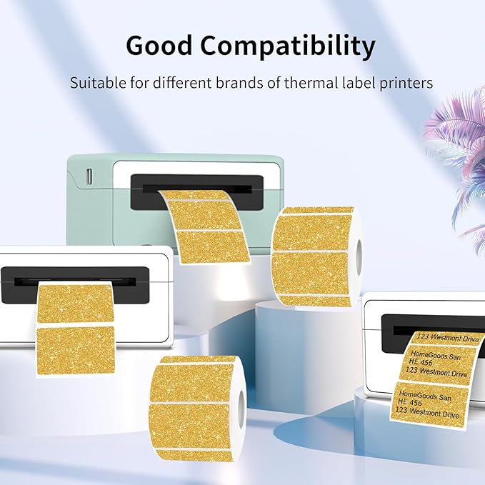 2.25"x1.25" Direct Thermal Labels, Holographic Thermal Printer Labels for Barcode, Self-Adhesive Address Shipping Thermal Label Stickers-1 Roll, 300 Labels, Holographic Gold