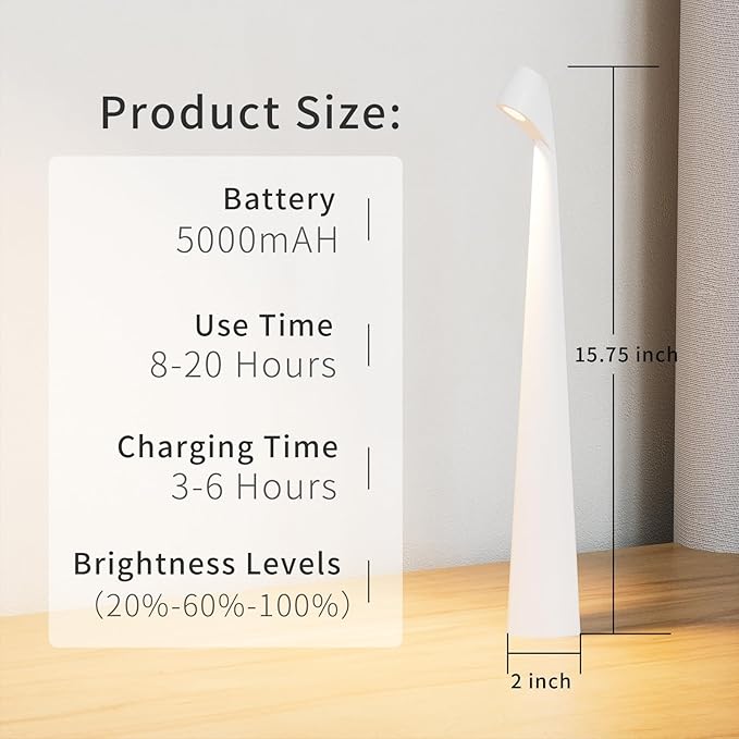 Portable Cordless LED Desk Lamp, Rechargeable Wireless Table Lamp, 3-Level Brightness, Patio & Bedside Night Light, Dining Room Ambient Reading Light (White)