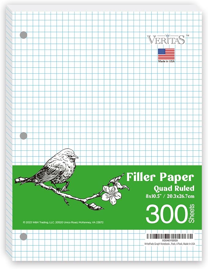 Graph Paper Loose Leaf Paper, Standard 8"x10-1/2" 4x4 Quad Ruled Notebook Paper,3 Hole Punched Filler Paper, 3 Ring Binder Paper, 300 Sheets Grid Paper, Made In USA