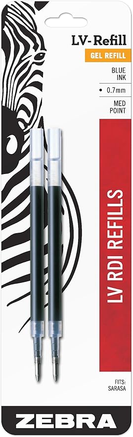 Zebra Pen LV-Style Gel Ink Pen Refill, 2-Pack Blue Ink, 0.7mm Medium Point, Smooth Writing, Fits Select Zebra Gel Pens (87022)