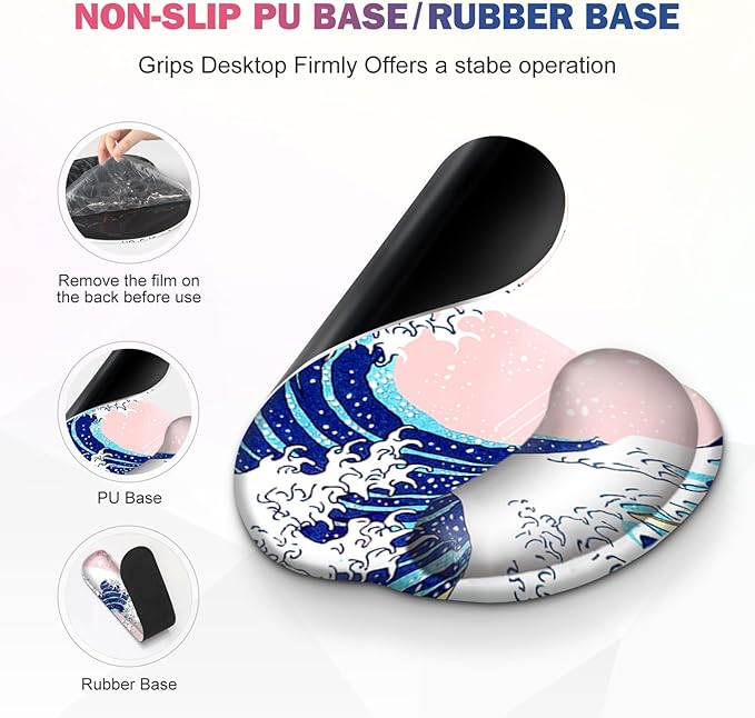 Gaming Mouse Pad, Large Desk Mat, Cute Desk Pad Protector, Pink Cherry Blossoms XXL Mousepad + Keyboard Wrist Rest+Mouse Wrist Rest+Coaster Set with Ergonomic Desk Pad, Japanese Wave of Kanagawa