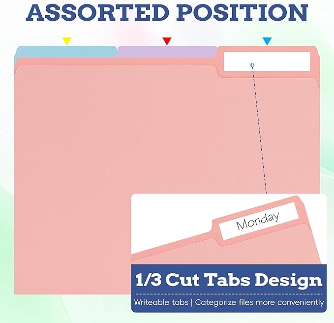 100 Packs File Folders Letter Size, 8.5 x 11 Colored File Folders 1/3 Cut Tab for Easy Labeling, for Home, Office, School Filing