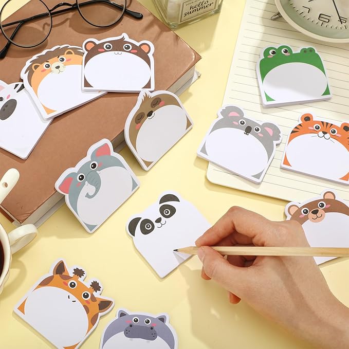 Yinder 24 Pads Cute Sticky Notes Kawaii Fun Animal Sticky Notes Pads Bulk Cartoon Memo Self Adhesive for Veterinary Gift Office School Tab Party Supplies(Safari Animals)