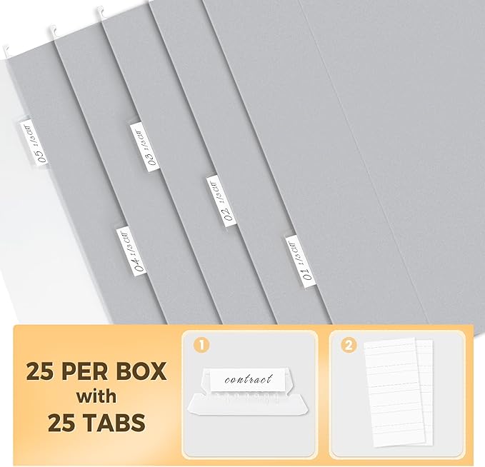 SUNEE Hanging File Folders Legal Size, Gray File Folders 25 Pack 1/5-Cut Tabs, Stay Organized for Your Home and Office Bulk File and Documents