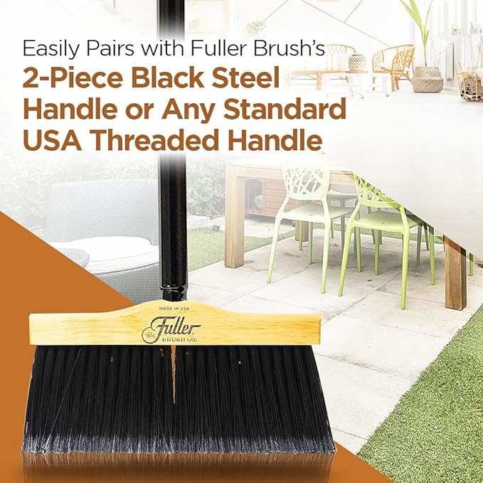 Fuller Brush 12-Inch Maple Wood Broom with 2 Piece Black Steel Threaded Handle for Indoor and Outdoor Cleaning on Hard Floors, Tile, Concrete, and Garage Surfaces