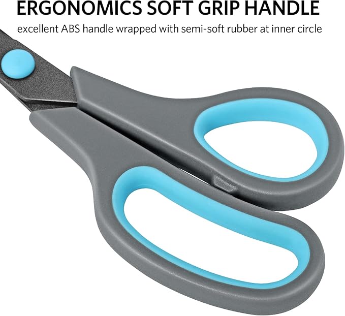 Scissors, Teflon Coating All Purpose Scissors, Non-Stick Stainless Steel Blades, Ergonomic Semi-Soft Rubber Grip, Great for Craft, Office, School, Set of 4, 10"/8.5"/6"/5", Blue&Gray