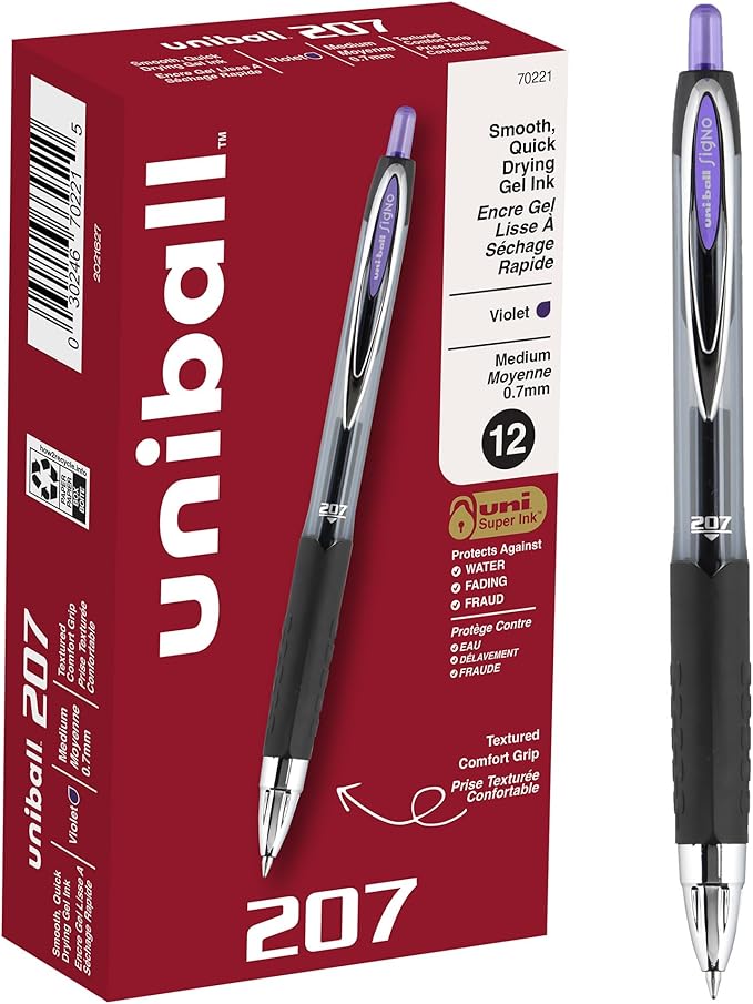 uniball Signo 207 Gel Pen, Retractable, Medium 0.7 Mm, Purple Ink, Smoke/black/purple Barrel, Dozen