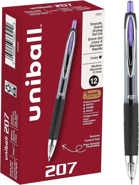 uniball Signo 207 Gel Pen, Retractable, Medium 0.7 Mm, Purple Ink, Smoke/black/purple Barrel, Dozen