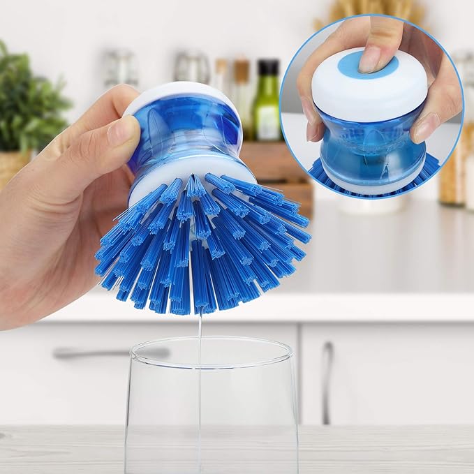 Dish Brush with Soap Dispenser for Dishes Pot Pan Kitchen Sink Scrubbing, Blue 3 Pack
