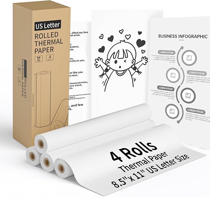 4 Rolls Thermal Printer Paper 8.5" x 11" US Letter Size - High-Efficiency Durable Printing for Picture or Home Work, Printing Contract, Compatible with Most Thermal Printers (100 Sheets / 4 Rolls)