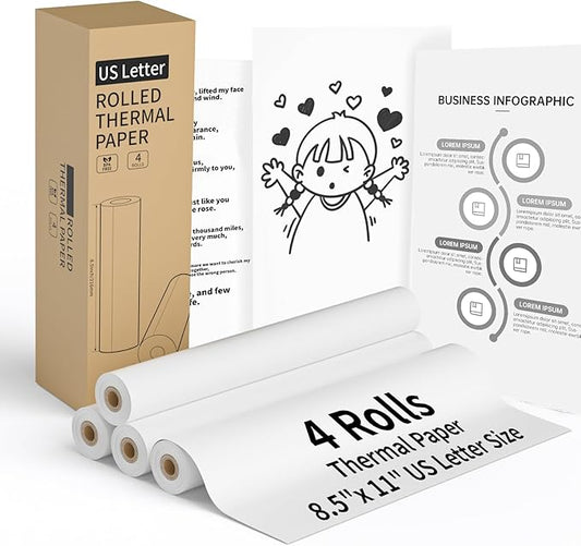4 Rolls Thermal Printer Paper 8.5" x 11" US Letter Size - High-Efficiency Durable Printing for Picture or Home Work, Printing Contract, Compatible with Most Thermal Printers (100 Sheets / 4 Rolls)