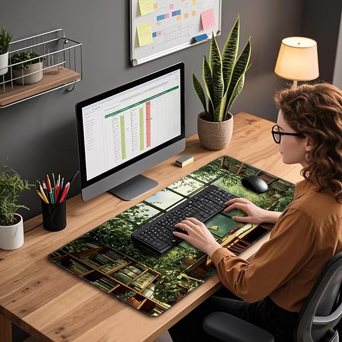 Green Library Study Room Large Gaming Mouse Pad 31.5"x15.7"｜XXL Desk Mat, Non-Slip Rubber Base & Stitched Edges - Extended Waterproof Mousepad for PC/Laptop/Office/Home Decor