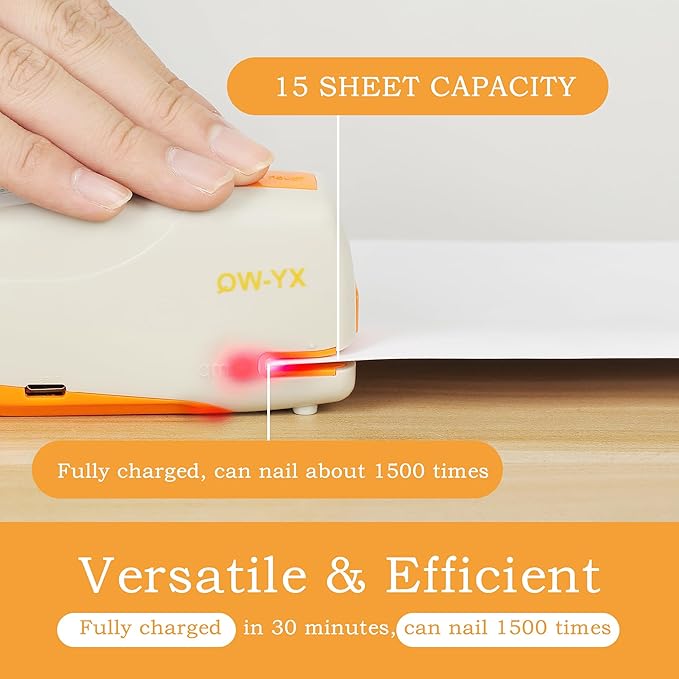 XY-WQ Mini Automatic Electric Stapler - 15 Sheet Capacity and AC Adapter - Electric Stapler, Jam Free, Small Cute Compact Travel Size for Students & Office (Grey)