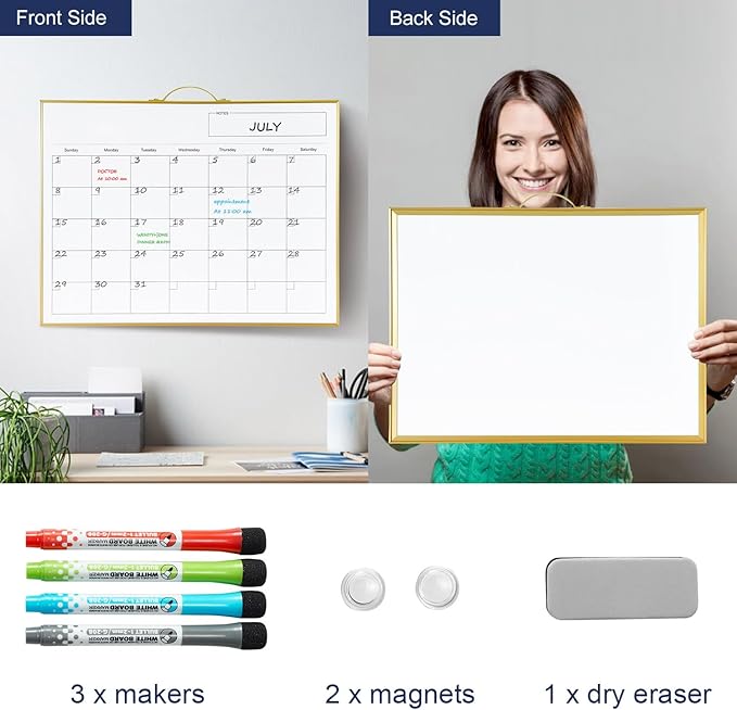 TSJ OFFICE White Board Calendar - 12 X 16 Inches Magnetic Dry Erase Board Monthly Calendar, Double Sided Whiteboard with a Handle, to Do List Notepad for Office, Home, School, Gold Aluminum Frame