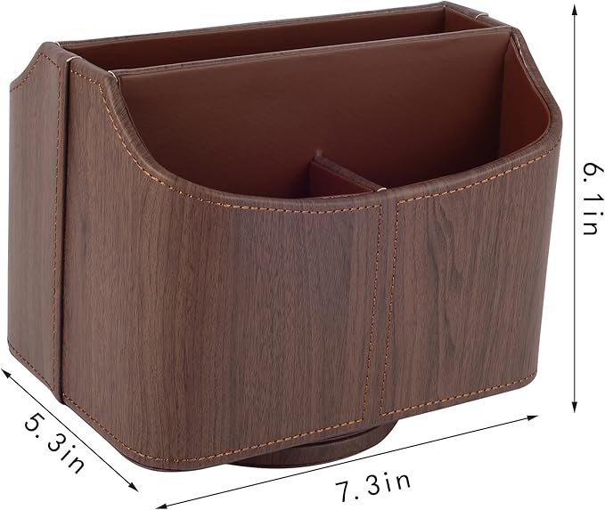 Brown 360 Degree Swiveling TV Remote Control Holder/Caddy, Leather Desk Organizer for Office and Home Furniture Decoration Storage Box(Dark wood grain)