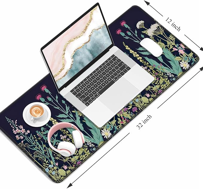 Auhoahsil Desk Pad, XL Extended Large Gaming Mouse Pad 31.5 x 11.8 Inch, Waterproof Mousepad with Stitched Edges, Non-Slip Computer Keyboard Laptop Mat for Women Men Office Work, Silent Night Flowers
