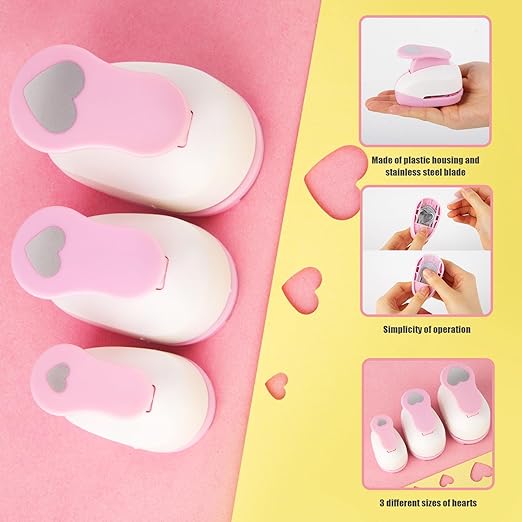 LOVEINUSA Pink Heart Shape Hole Punch 3PCS Set, High Precision Design for Romantic Heart Patterns for Wedding, Greeting Cards Decations, Scrapbooking DIY, Tissue Papers for Gift Bags & Decorations