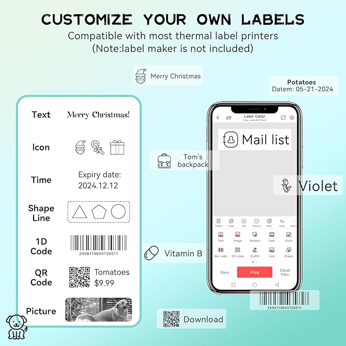 EEBBL D30 P21 Label Tape 12 x 40 mm(0.47"x1.57"), d30 Labels Compatible with D30 Portable Label Printer Adapted Label Print Paper for Office 160 Labels/Roll, 10 Rolls (White+Transparent)