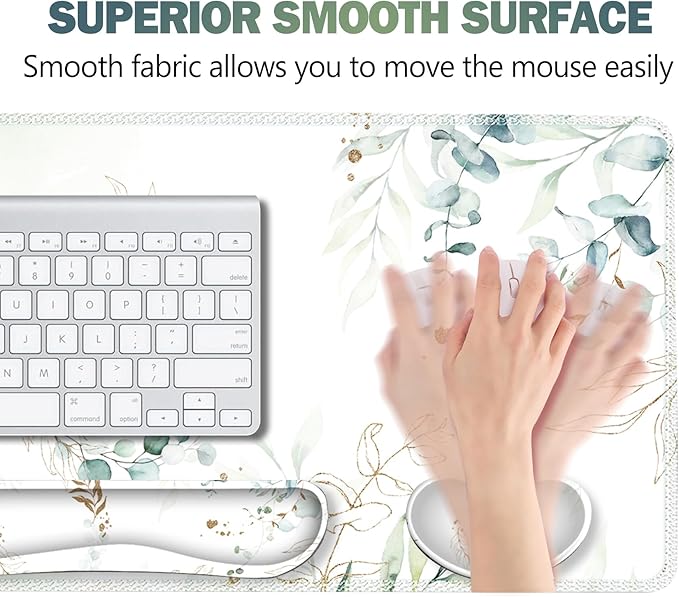 ARTSO Gaming Mouse Pad Wrist Support Set, XXL Large Desk Mat Mousepad + Keyboard Wrist Support+ Mouse Wrist Rest+Coaster 4in1 Ergonomic, Memory Foam, Stitched Edge for Home Office -Pretty Leaves