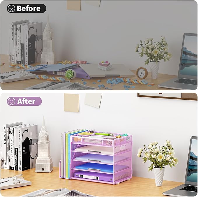 Marbrasse 5-Tier Desk Organizer with File Holder,Paper Letter Tray Organizer,Desktop File Organizer with Adjustable Compartments,Mesh Desk Organizers and Accessories for Office Supplies,Purple
