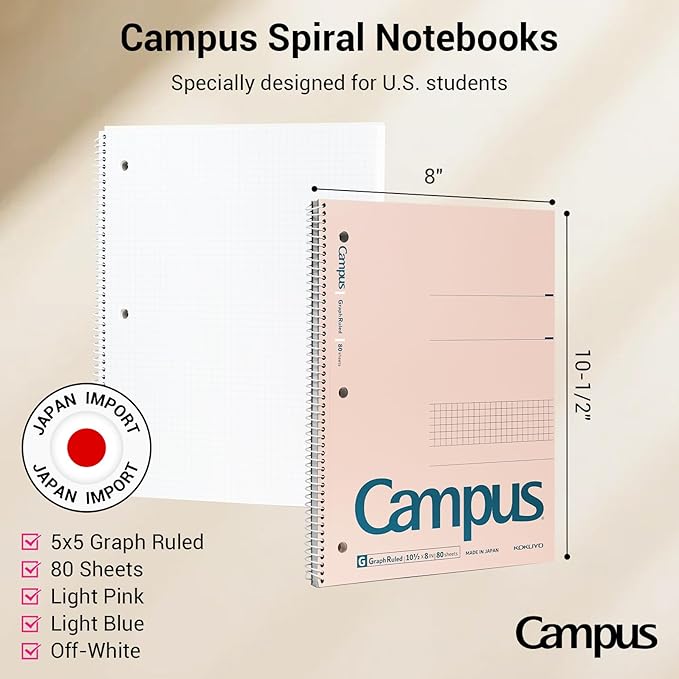 KOKUYO Spiral Notebook with 5x5 Graph Paper, 3 Pack Campus 10-1/2" x 8" Subject Notebooks, 80 Sheets, Light Pink Blue Off-White 3 Holes School Spiral Journal for Study Planner Drawing (WSG-SU-400G4×3)