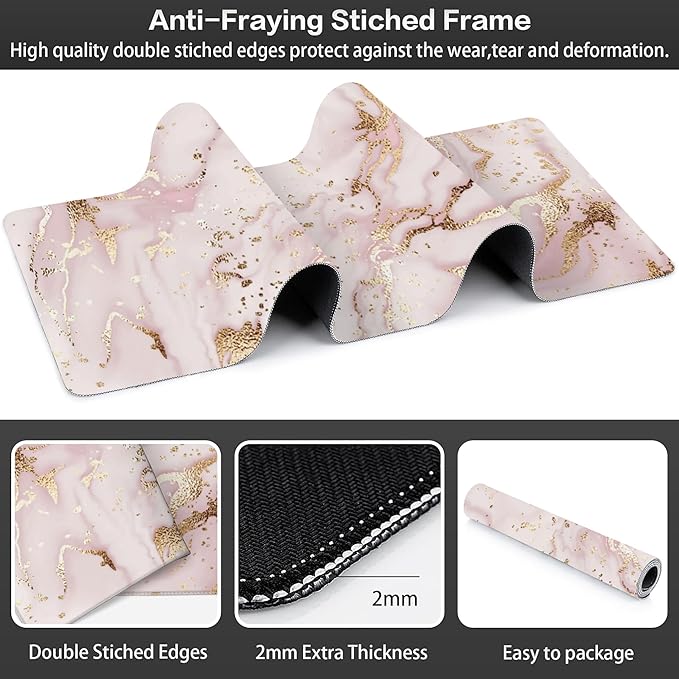 Large Gaming Mouse Pad for Desk, Gold Pink Marble Desk Mat for Desktop, Non-Slip Rubber Base Stitched Edges Long Computer Keyboard Mouse Mat Desk Pad for Home Office Gaming 35.4"X15.7"