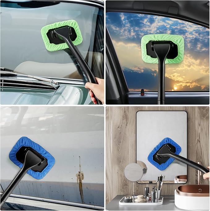 Frienda 2 Set Windshield Cleaner Tool Inside Car Windshield Cleaning Wand Auto Window Cleaner with Detachable Handle, 8 Reusable Microfiber Pads and 2 Spray Bottles for Car Interior(Blue, Green)