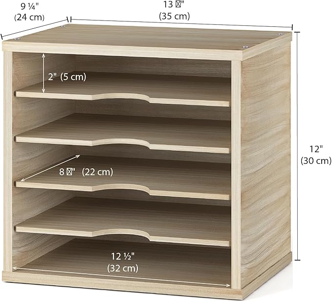 Ballucci Wood File Organizer Paper Sorter, 5 Tier Adjustable Shelves Office Desk Organizer 13 5/8" x 9 1/4" x 12", Brushed Wood