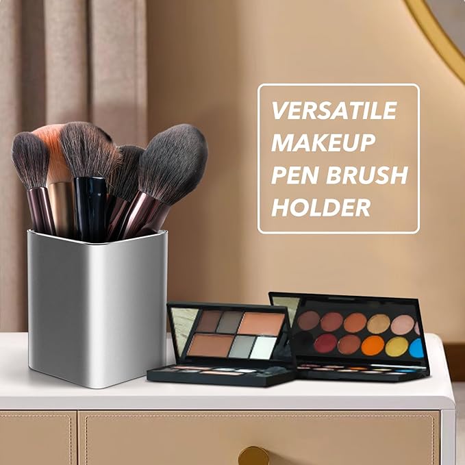 RQB Metal Pen Holder for Desk Square Aluminum Desktop Organizer and Makeup Brush Holder Storage Box for Office, School, Home, and Kids, Non-slip silicone 4×3.15inch-Gray