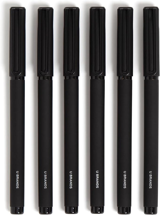 U Brands Catalina Felt Tip Pens, Pen Set of 6 Black Ink Pens, Soft Touch Midnight Black, Medium (0.7 mm) Point