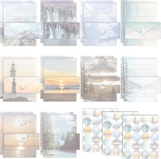 TaoBary 160 Pcs Stationery Paper Set 50 Double Sided Stationery Papers with 50 Matching Envelopes and 60 Round Dot Sticker, 10 Design(Natural Scenery,8.5 x 11 Inch)