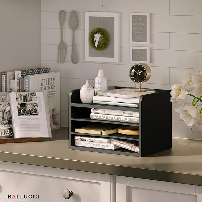 Ballucci File Organizer, 4-Tier Office Desk Organizer, Open Top Wood Paper Organizer for Classroom, Mail Sorter Paper Tray with Adjustable Storage Shelves, Black