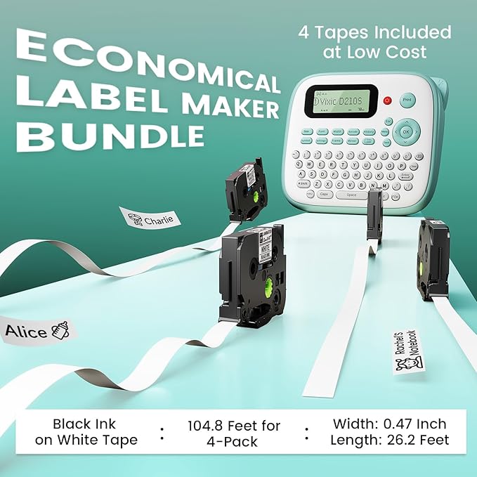 Vixic Label Maker, D210S Label Maker Machine with 4 Laminated Tapes, 12mm Labeler Labelmaker with QWERTY Keyboard, Print Different Fonts Frame Barcode for Home Office School, Green