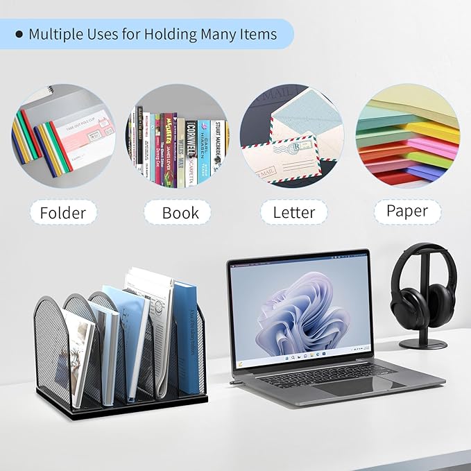 5-Section Vertical Desktop Organizer, 5-Section Mesh File Folder Stand Sorter for Office Home Classroom Organization (2, Black)