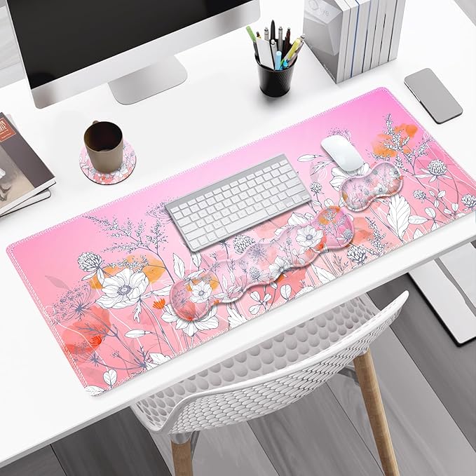 Gaming Mouse Pad Keyboard Wrist Support, 4 in1 Mousepad with Wrist Keyboard Rest, Computer Desk Mat, Non-Slip Desk Pad Protector with Memory Foam Easy Typing Pain Relief I Pink Flowers