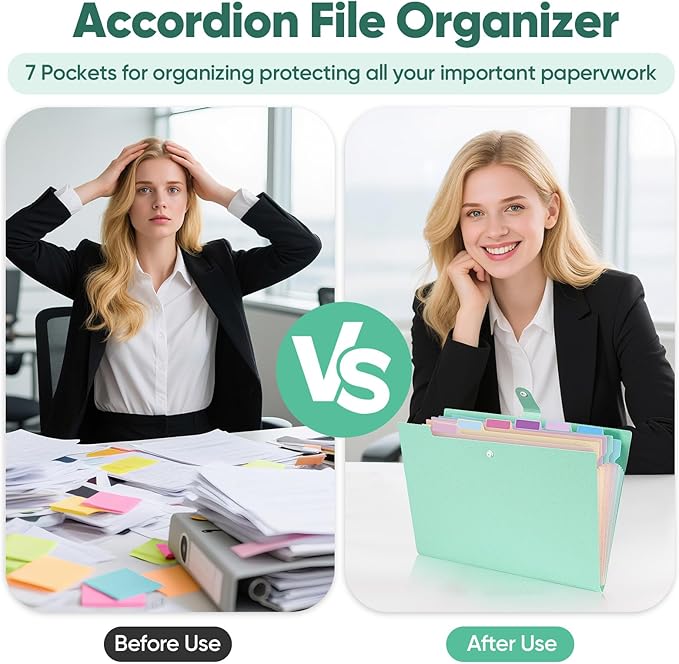 Accordion File Organizer with 7 Pockets,Eco-Friendly Wheat Straw Expanding File Folder,A4/Letter Size Portable Document Folder with Labels and Snap Closure for School Office College Supplies