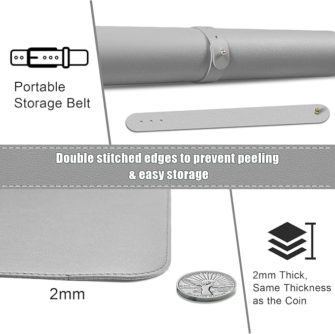 BLESWIN Large Desk Pad 35.4"" x 17"", Non-Slip Desk Mat with PU Leather & Natural Cork, Waterproof Writing Desk Natural Cork, Computer Mat Desk Protector for Office Home, Light Grey