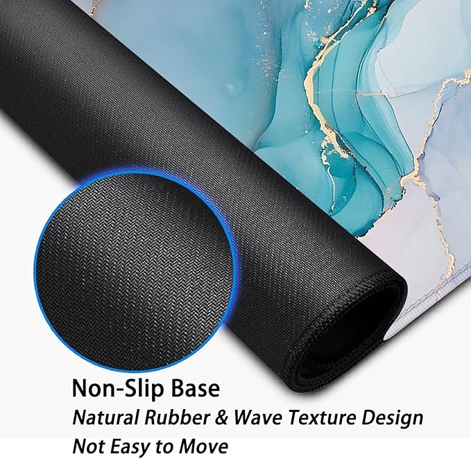 Cyan Blue Marble Desk Pad Mouse Pad,Large XL Mouse Mat with Stitched Edges,Non-Slip Rubber Base Mousepad for Office PC Keyboard Laptop and Home Work Desk Mat(27.5X11.8 in)